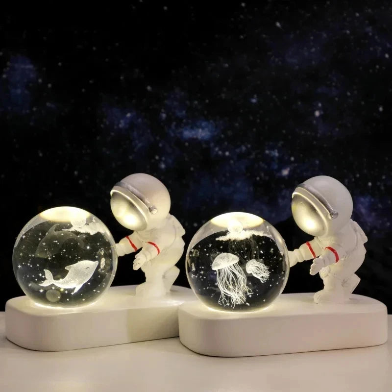 Lámpara LED de noche creativa con forma de bola de cristal de astronauta 3D para dormitorio infantil, planeta, sistema solar, USB