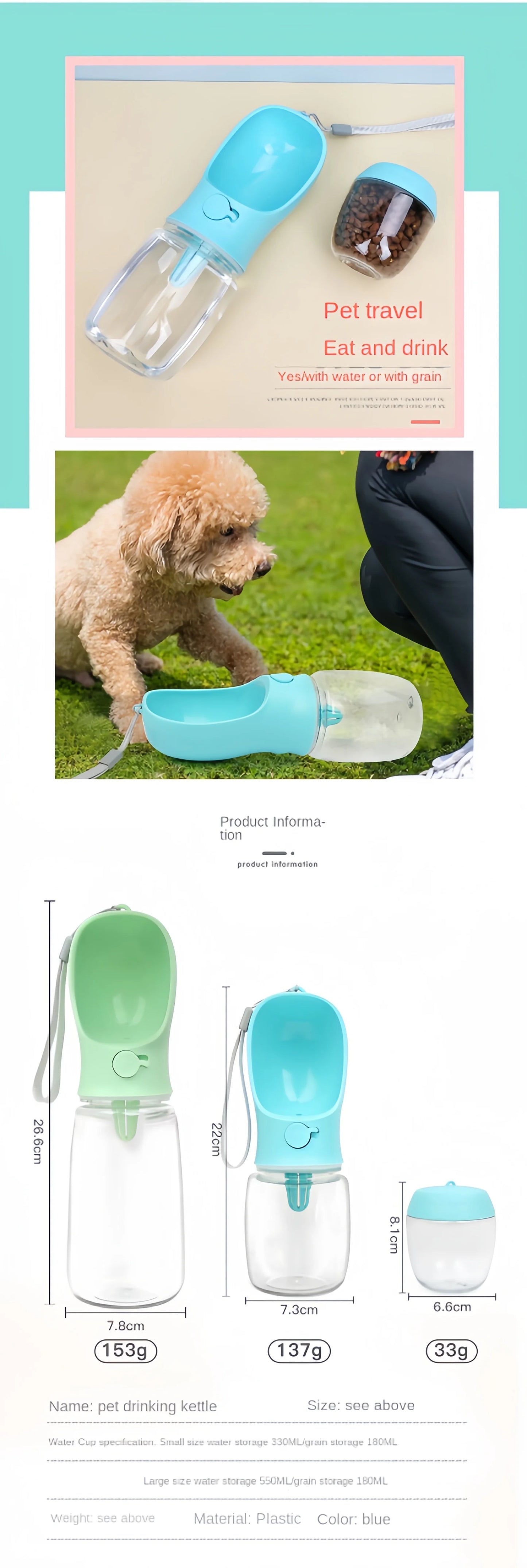 Botella de agua para perros y gatos con recipiente para almacenar comida y agua para cachorros, comedero para perros, suministros para viajes al aire libre para mascotas