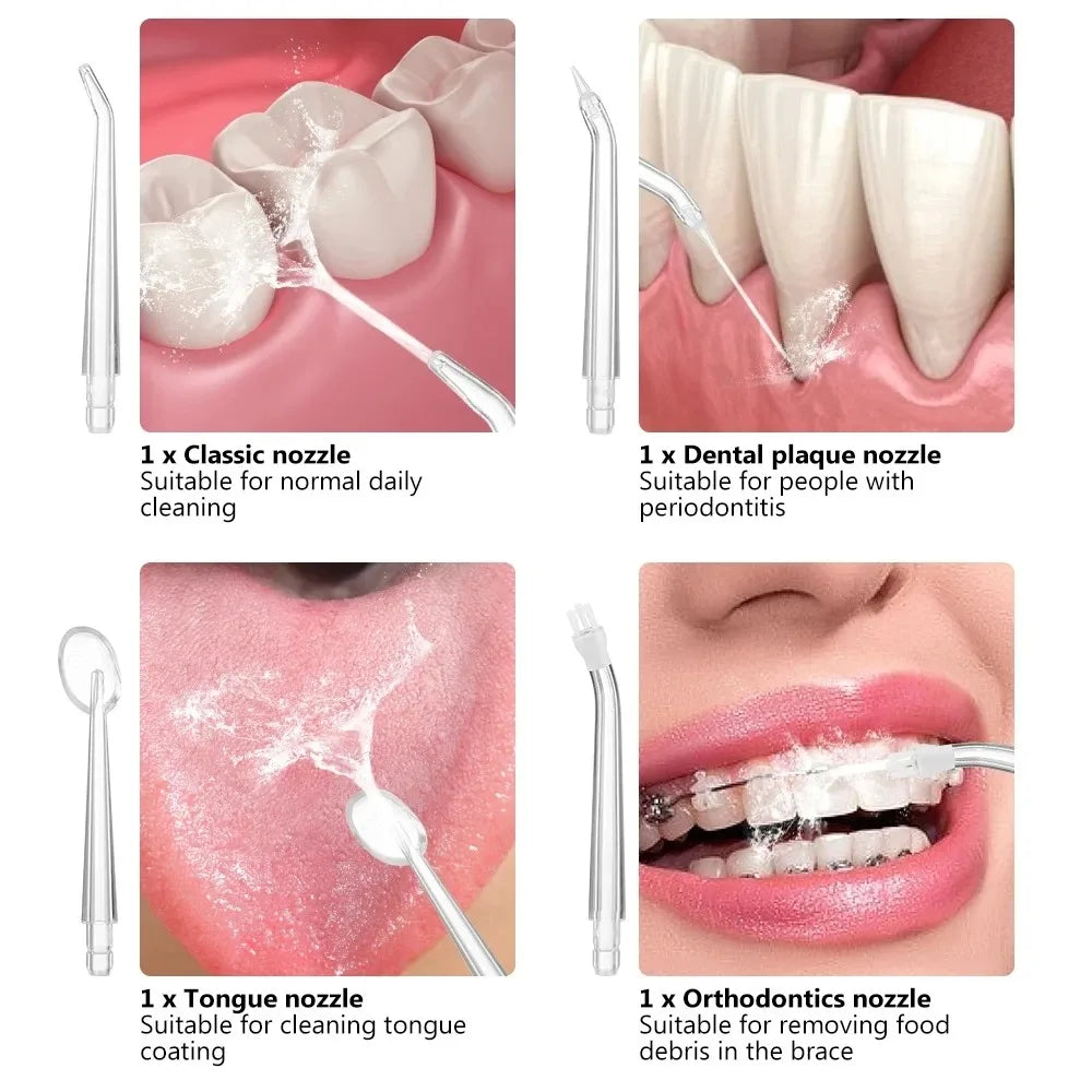 Irrigador bucal eléctrico USB portátil, irrigador bucal recargable con chorro de agua, palillo de dientes con 4 puntas de chorro, múltiples modos