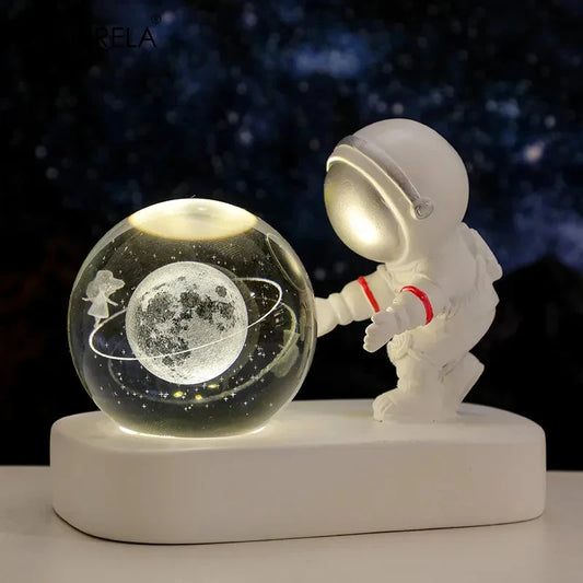 Lámpara LED de noche creativa con forma de bola de cristal de astronauta 3D para dormitorio infantil, planeta, sistema solar, USB