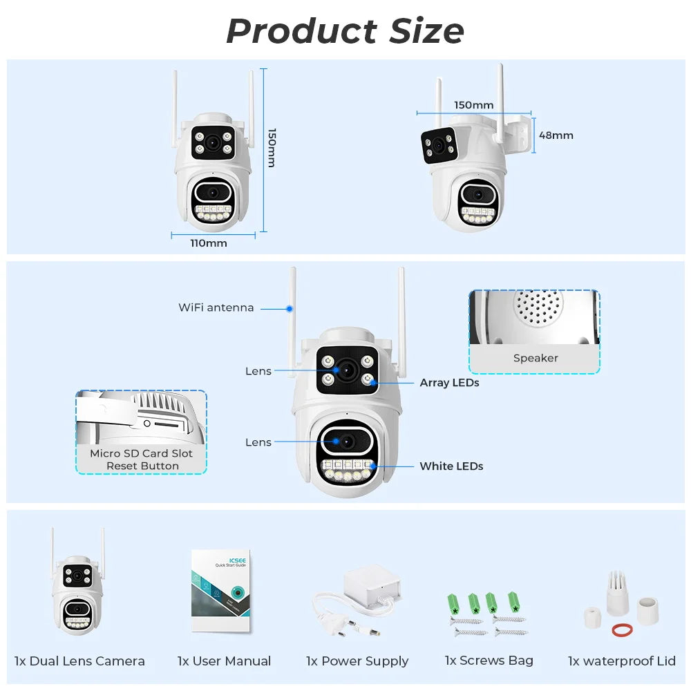 Cámara IP de vigilancia CCTV en la nube con seguimiento automático y detección humana con IA, 8 MP, 4K, zoom 4X, wifi, para exteriores, HD 3K, 6 MP, lente dual, iCSee