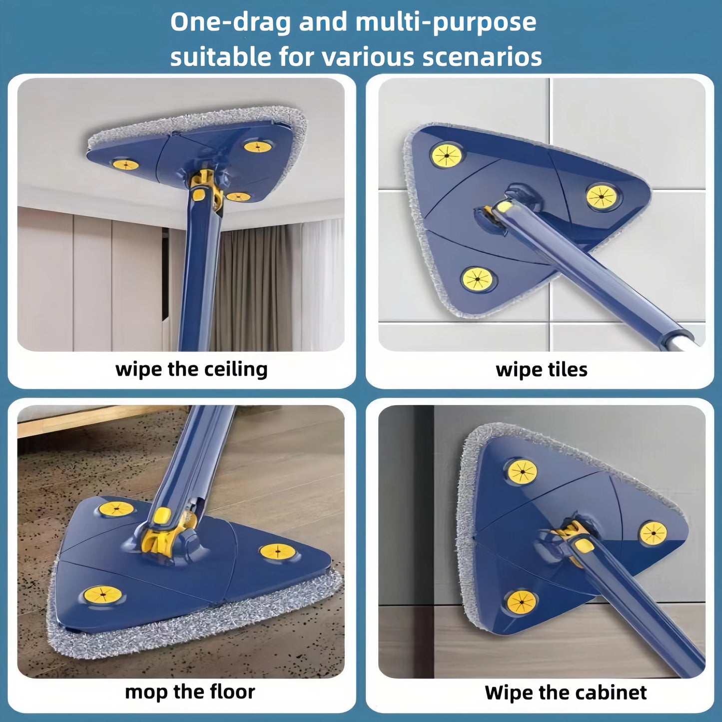 Triangle Mop 360 Telescoping Rotatable Adjustable Floor Mop Absorbent Wet And Dry For Tub Tile Floor Wall Cleaning