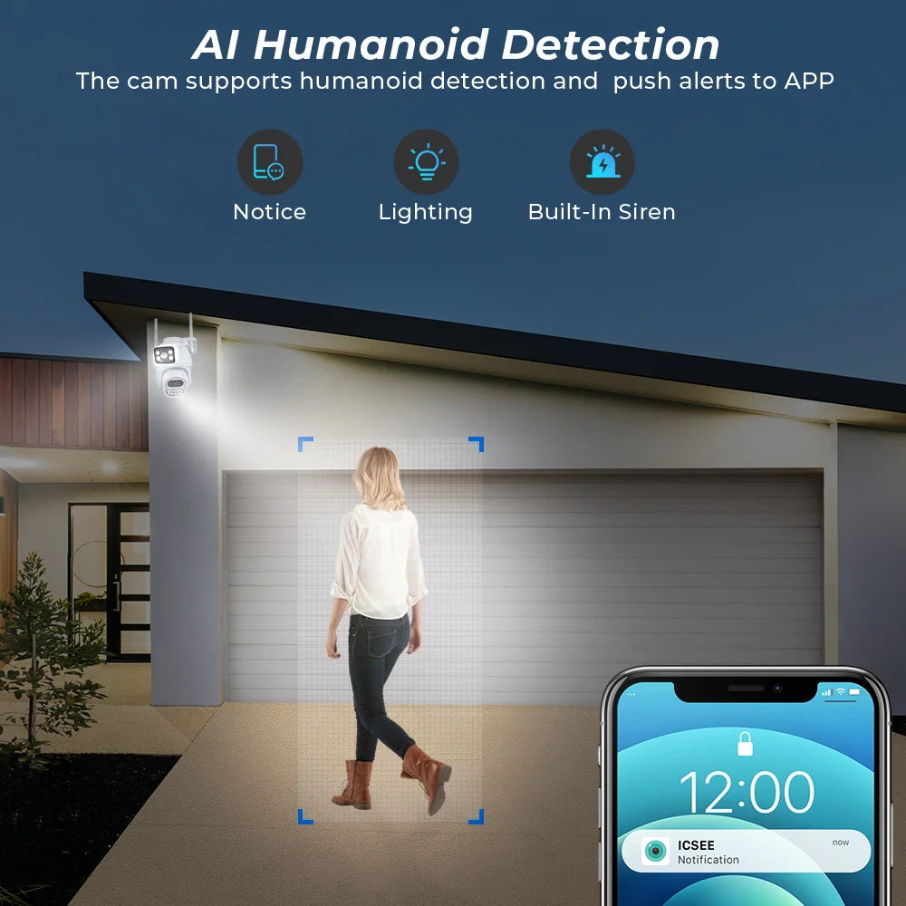 Cámara IP de vigilancia CCTV en la nube con seguimiento automático y detección humana con IA, 8 MP, 4K, zoom 4X, wifi, para exteriores, HD 3K, 6 MP, lente dual, iCSee