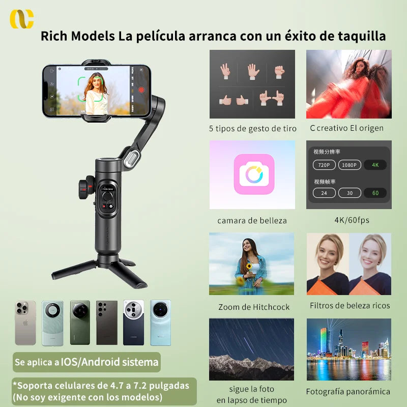 Estabilizador de cardán de mano de 3 ejes AOCHUAN para teléfonos inteligentes con luz de relleno para iPhone, Android, seguimiento facial, Tiktok, Vlog Smart XE