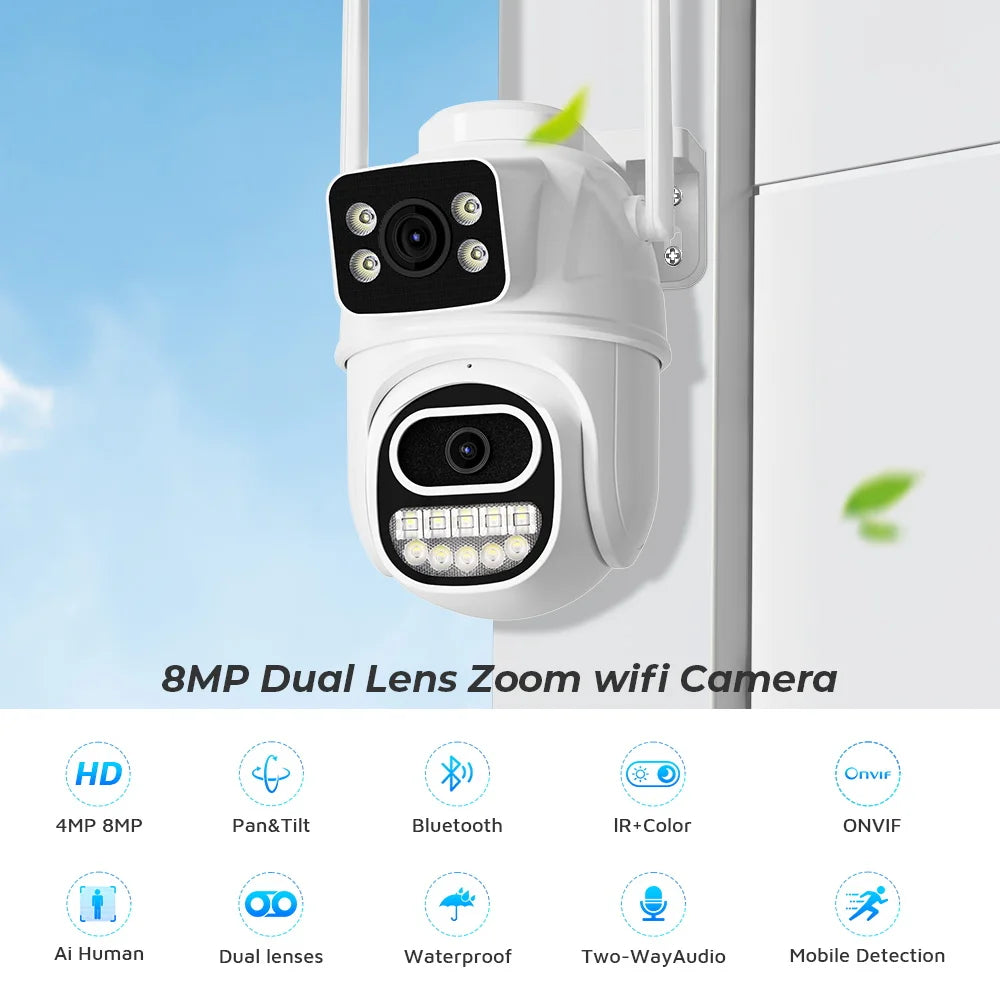 Cámara IP de vigilancia CCTV en la nube con seguimiento automático y detección humana con IA, 8 MP, 4K, zoom 4X, wifi, para exteriores, HD 3K, 6 MP, lente dual, iCSee