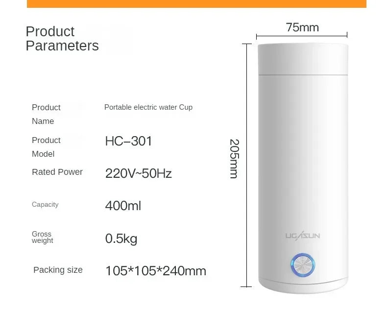 Taza calefactora eléctrica de 400 ml, pequeña taza calefactora eléctrica portátil, tetera de agua hirviendo con aislamiento para viajes