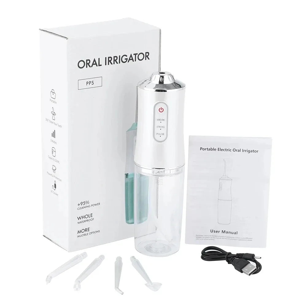 Irrigador bucal eléctrico USB portátil, irrigador bucal recargable con chorro de agua, palillo de dientes con 4 puntas de chorro, múltiples modos