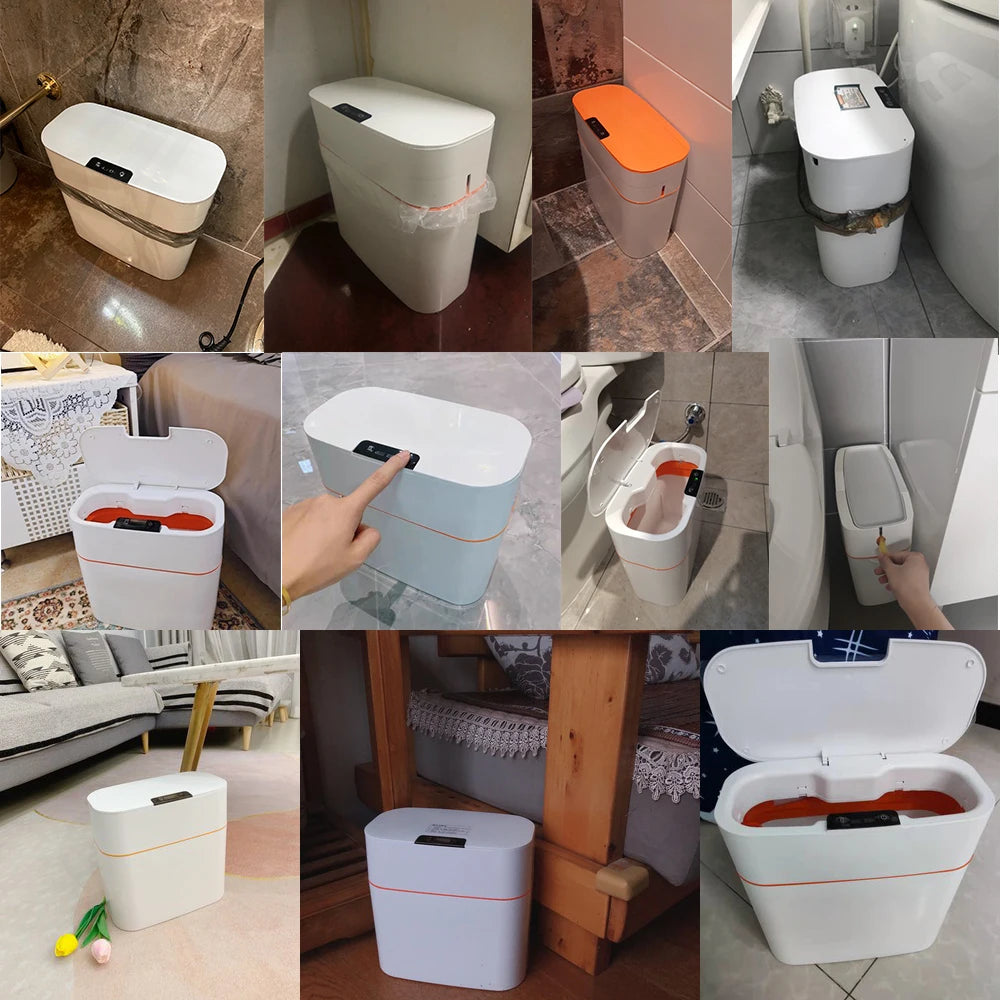 Bote de basura con sensor inteligente para baño, cocina, con tapa, resistente al agua, a prueba de olores, estrecho