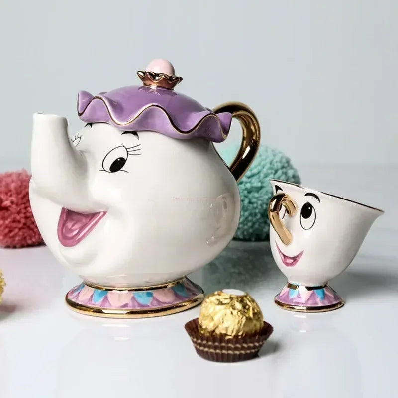 Tetera de Disney Linda caricatura de La Bella y la Bestia Cafeteras Taza Taza de la Sra. Potts Chip Taza de Té Teteras Un Juego de Té